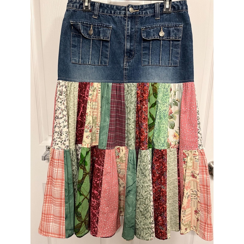 Repurposed Denim Flared Skirt: Patchwork Boho Hippie Style (Size 11)